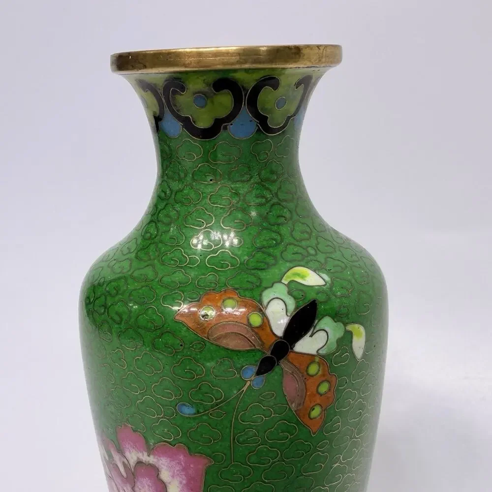 Green Cloisonne Butterfly & Flower Vase Miniature 5.5